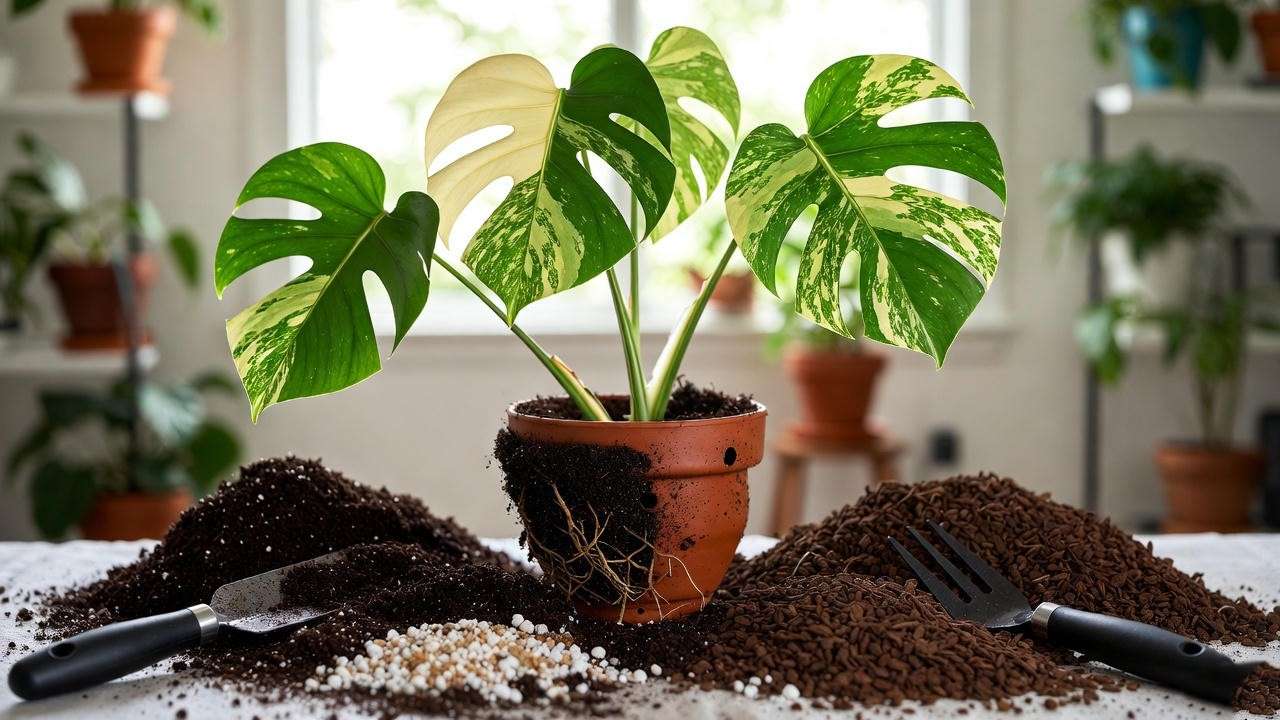 Repotting a Monstera with variegated leaves into a ceramic pot with well-draining soil, showcasing care for colorful plant leaves. 