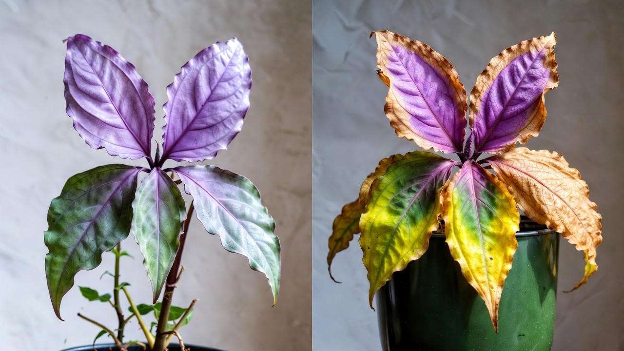 Two Purple Butterfly Plants illustrating common problems: one with pale, leggy leaves from low light, and another with brown, crispy leaves from improper watering.