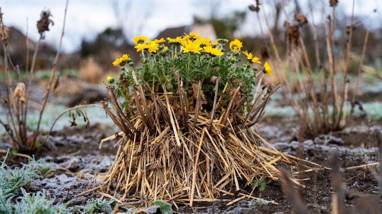 Yellow daisy plant with straw mulch for winter protection in a frosty garden.