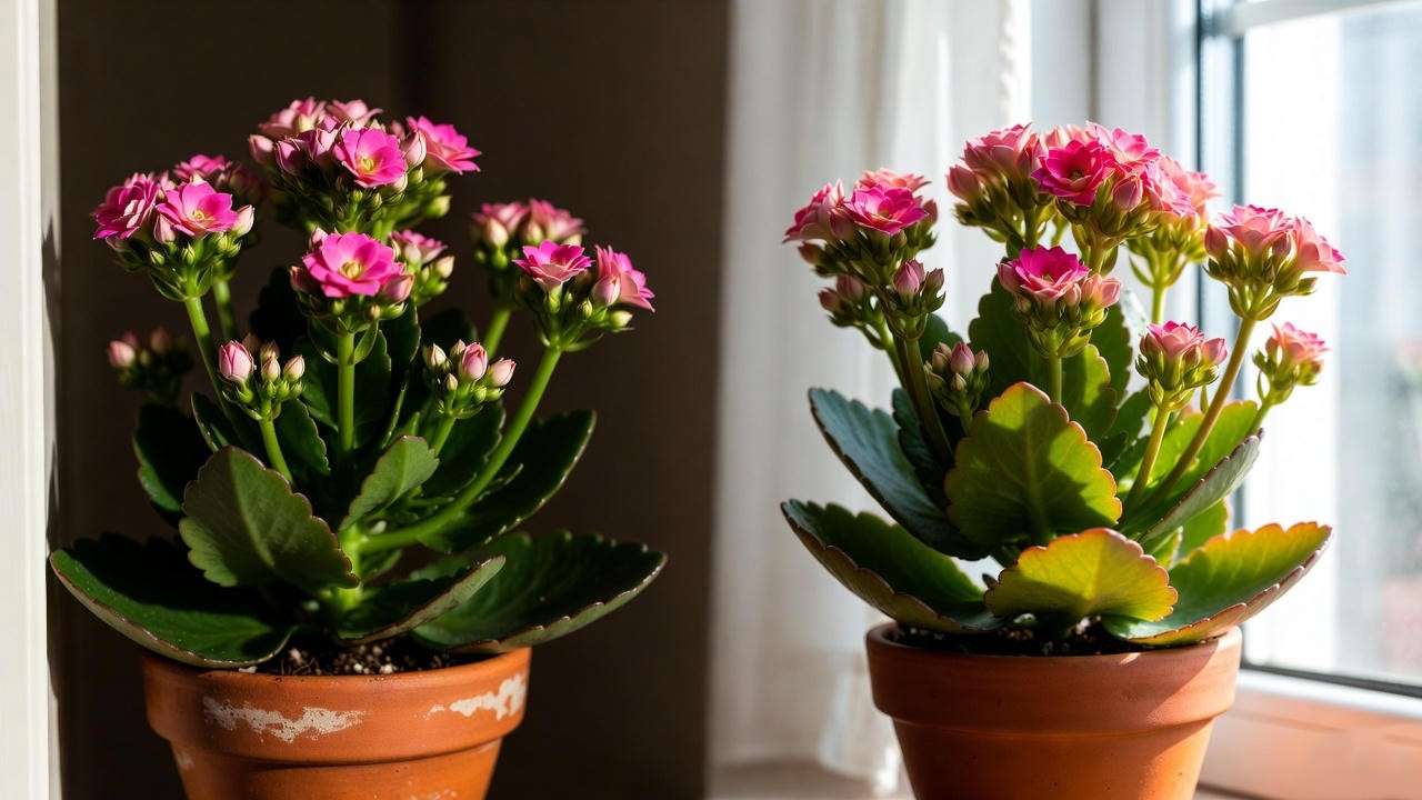 Pink kalanchoe plant transitioning from a dark closet to a bright windowsill to encourage vibrant blooms.