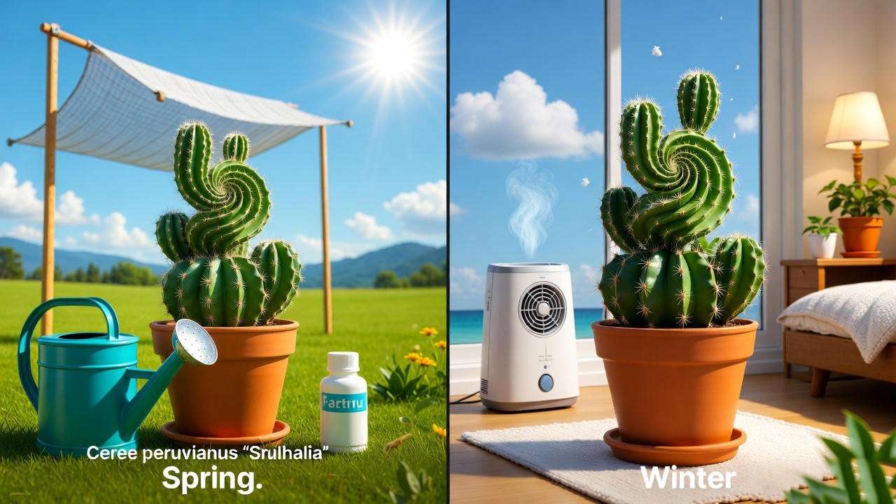 Spiral cactus plant in spring and winter settings, showing seasonal care adjustments for spiral cactus plant care in tropical climates.
