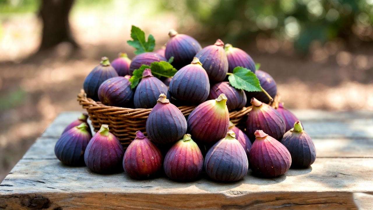 Basket of freshly harvested LSU Purple Figs on a wooden table in a sunny outdoor setting.