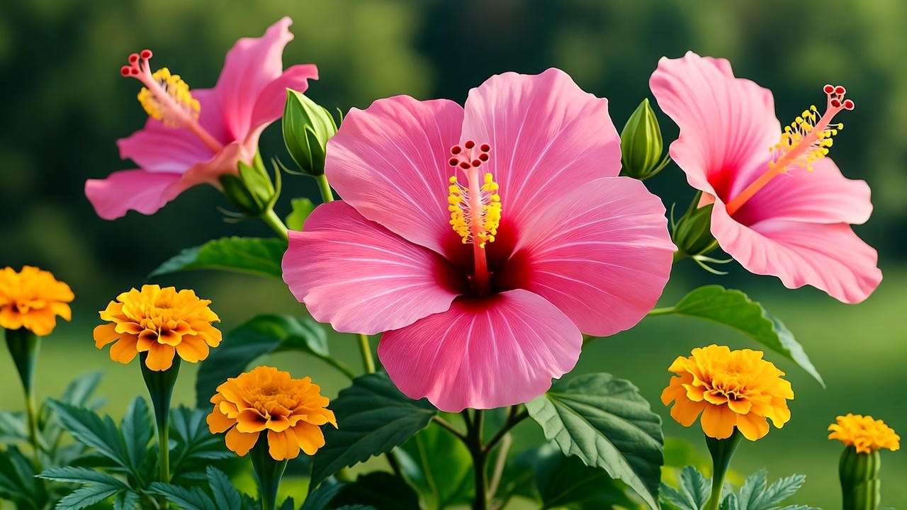 Healthy pink hibiscus plant with marigolds, showcasing natural pest control in a vibrant garden.