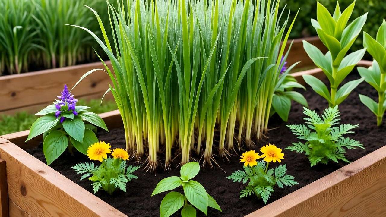 : Lemongrass with companion plants like basil and marigolds in raised bed