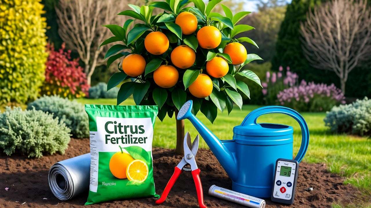 Gardening tools for Cara orange tree care, including fertilizer and pruning shears, arranged in a sunny garden setting.