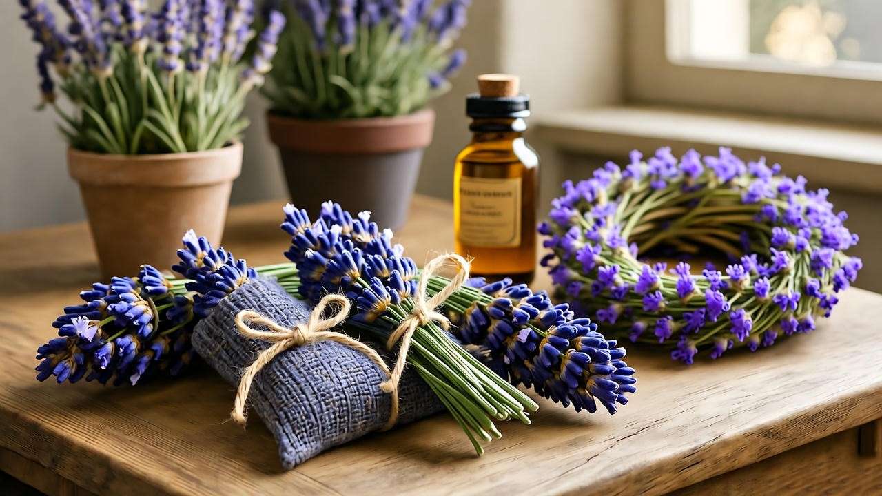Cozy display of lavender crafts, including sachets, essential oil, and a wreath, arranged on a wooden table with potted lavender in the background.