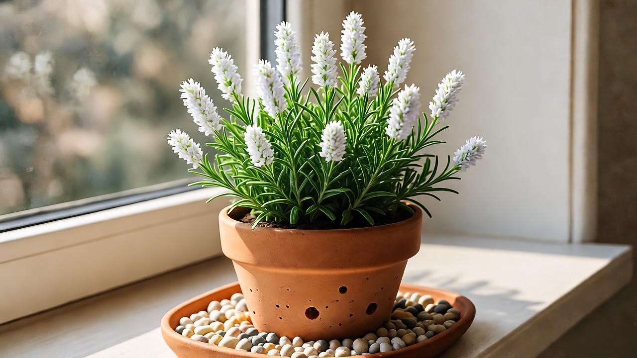 Potted white lavender plant on a sunny windowsill for indoor winter care.
