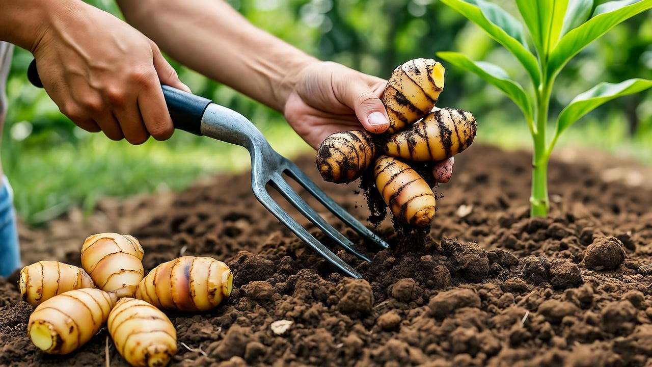 Harvesting ginger rhizomes from a garden bed, illustrating expert ginger plant care techniques.