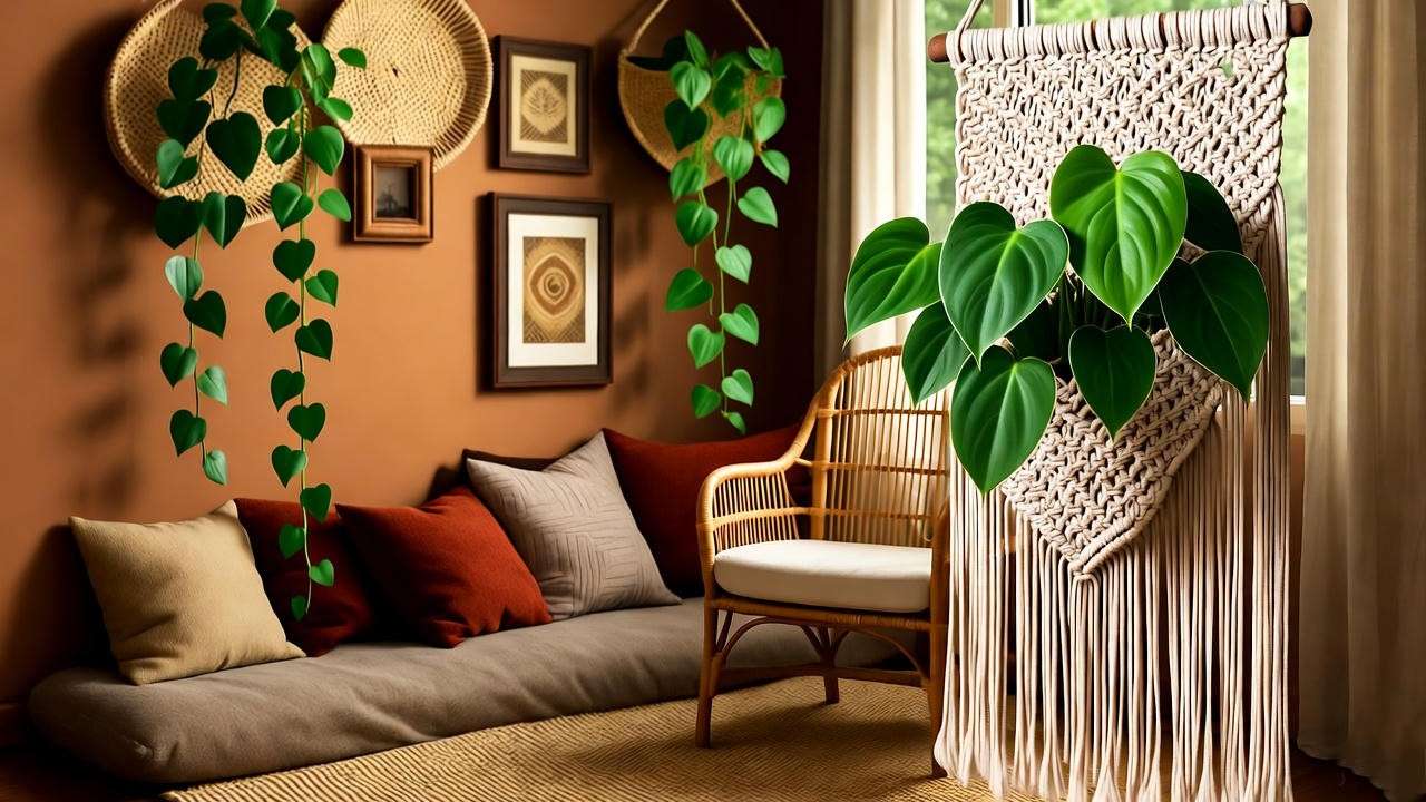 Boho living space with trailing indoor house plants like Heartleaf Philodendron in macramé baskets, showcasing stylish plant decor. 