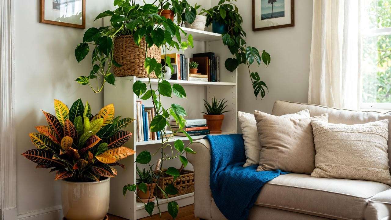 Golden pothos and croton styled in a modern living room with neutral decor, showcasing vibrant golden plants in a cozy setting.