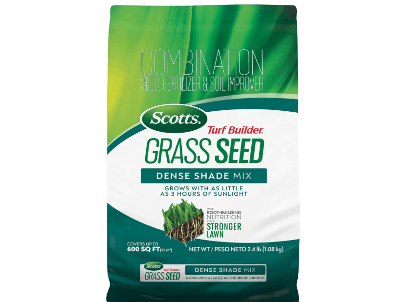 Scotts Turf Builder Grass Seed Dense Shade Mix with Fertilizer and Soil Improver, Grows With Little Sunlight, 2.4 lbs.