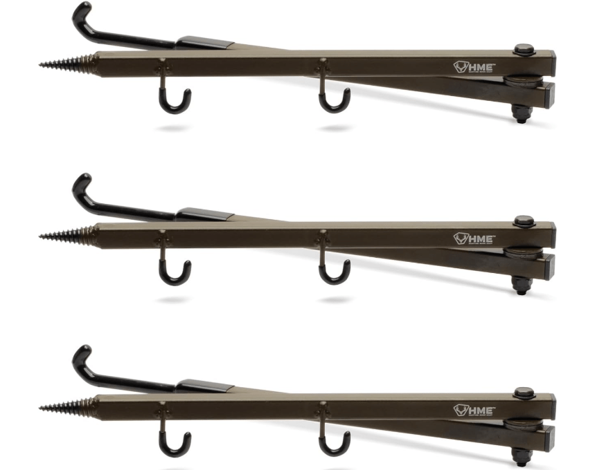 HME Durable Secure Convenient Portable Folding Tree Stand Bow Hanger w/Two Accessory Hooks - Extends to 20", Folds to 10", 3 Pack