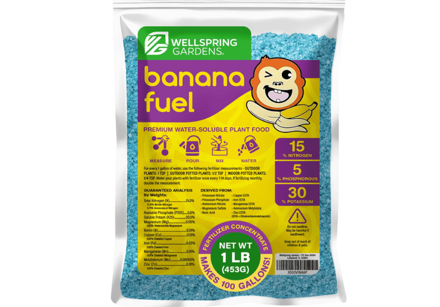 Wellspring Gardens Banana Fuel Fertilizer - Water-Soluble 15-5-30 Blend - Banana Plant Fertilizer - Plant Food - Formula for Banana Trees & Plants