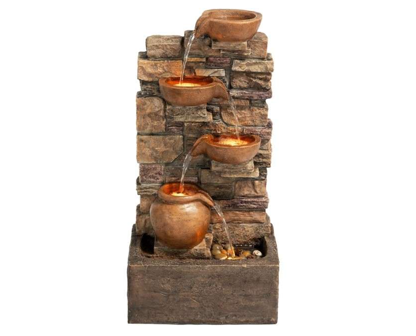 Teamson Home 28.5" Outdoor 4-Tier Stacked Stone Cascading Water Fountain with LED Lights, Brown
