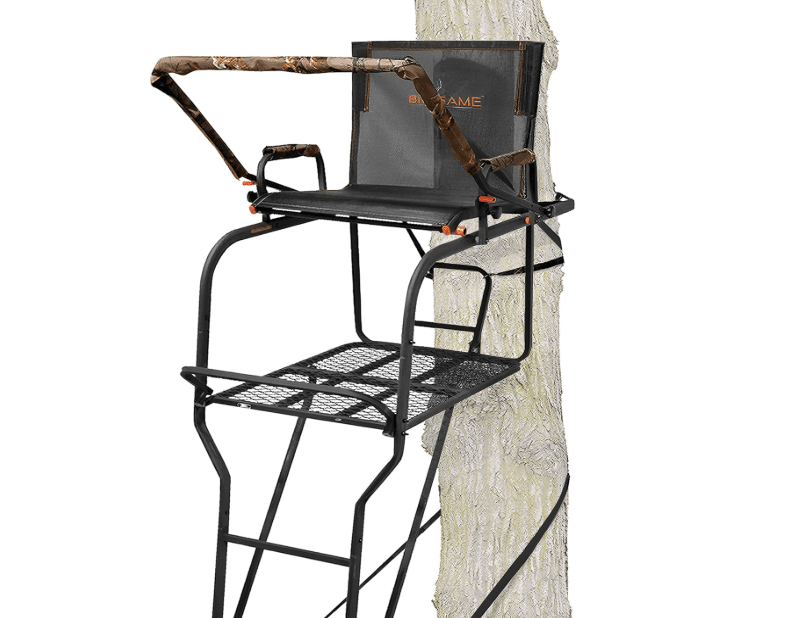 BIG GAME 1-Person Ladder Tree Stand for Hunting Deer with Seat, Hunter, 18' Tall, Black - Adjustable Climbing Treestand with Platform and Safety Harness.
