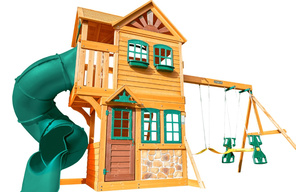 
KidKraft Buffalo Crossing Wooden Swing Set with Playhouse, Rock Wall, Tube Slide and Glider