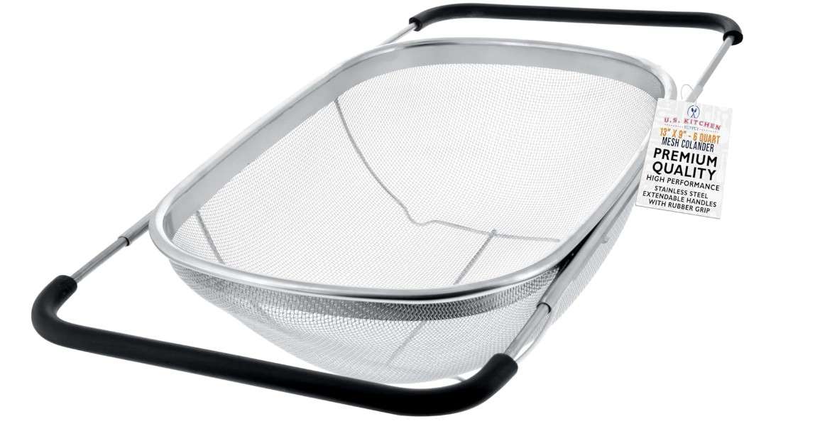 U.S. Kitchen Supply Stainless Steel Colander Strainer - 6-Quart Collapsible Colander with Expandable Rubber Handles - Rectangular Sieve, Fine Mesh Stainless...