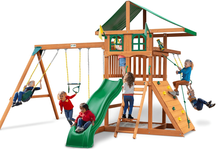 
Gorilla Playsets 01-1080 Avalon Treehouse Wooden Swing Set with Oversized Green Vinyl Canopy Roof, Trapeze Arm, Climbing Wall, Ladder, Swings and Slide