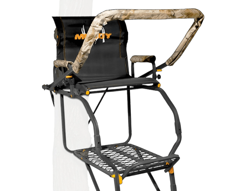 Muddy MLS1550 Skybox Deluxe 20' Tall Single Steel Ladder Tree Stand with Adjustable Padded Shooting Rail for Big Game & Hunting