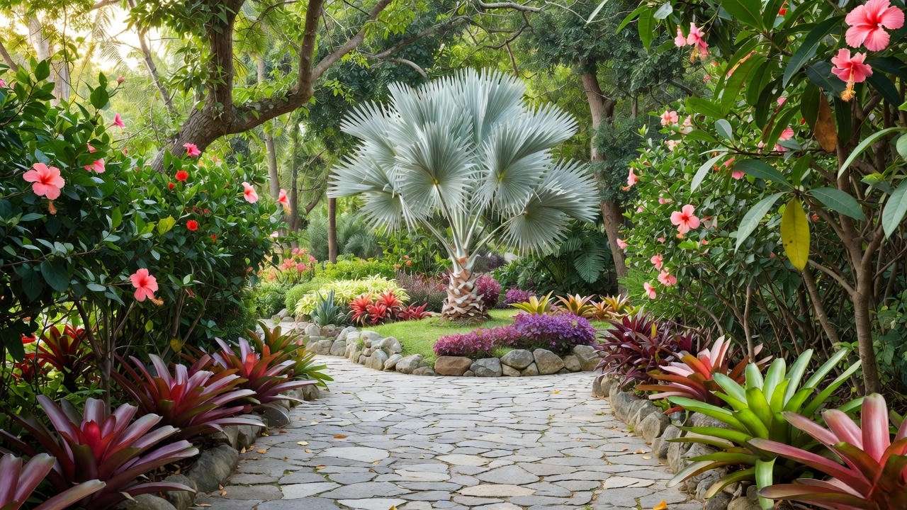 Landscaped garden with Adonidia palm tree and hibiscus along a stone pathway."