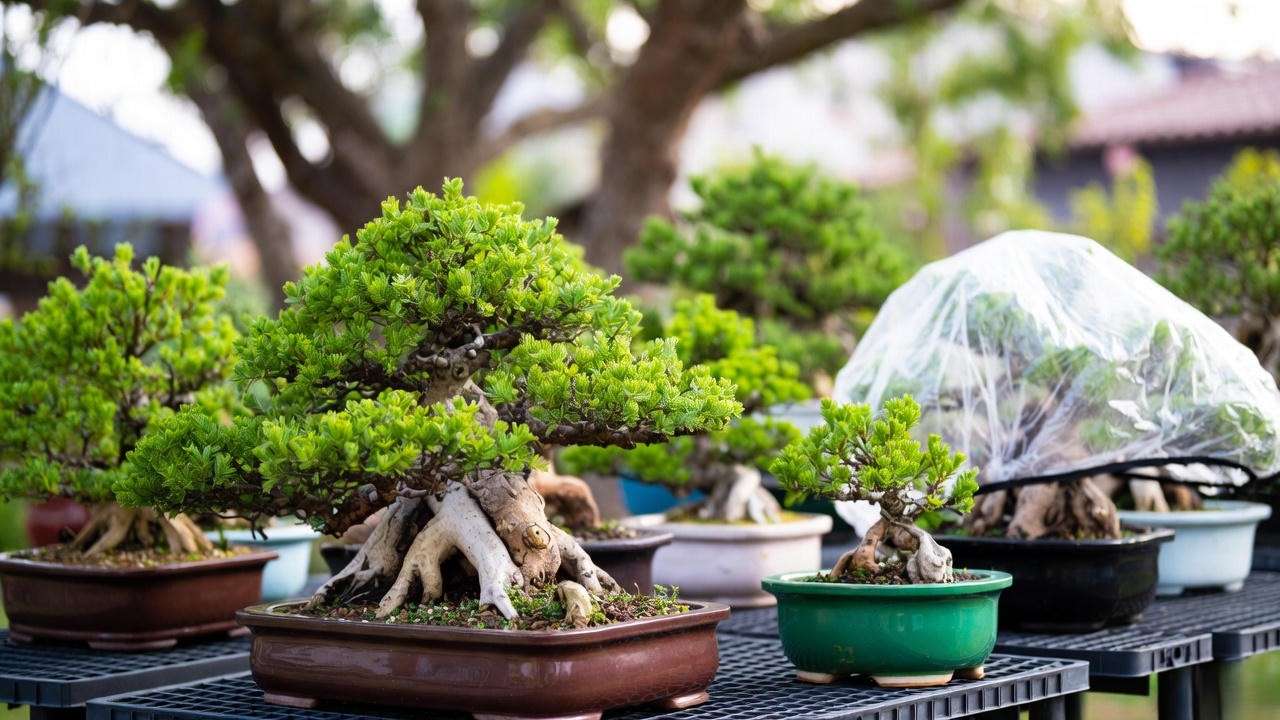 Seasonal bonsai trees with humidity tray and rain cover, vibrant foliage in natural garden."