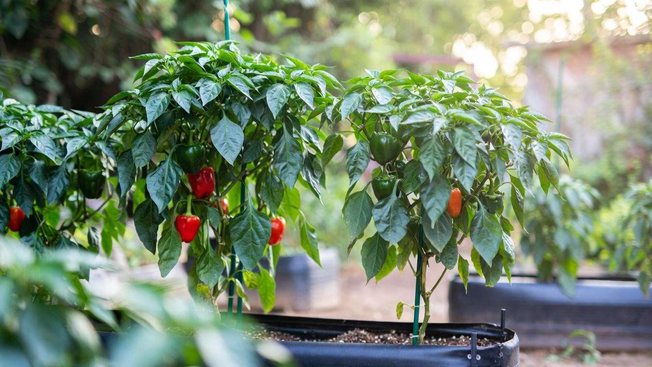Close-up of staked and pruned pepper plants in raised beds for better spacing and airflow."
