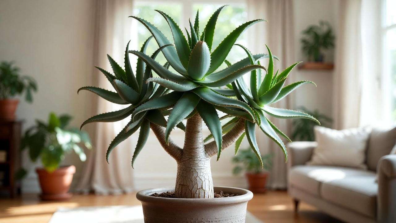 Tall Aloe barberae tree aloe with smooth trunk grown indoors as houseplant