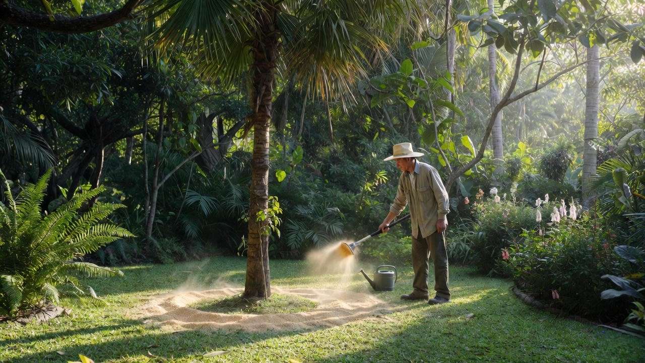 Gardener applying granular fertilizer around a palm tree base with a watering can in a tropical garden."