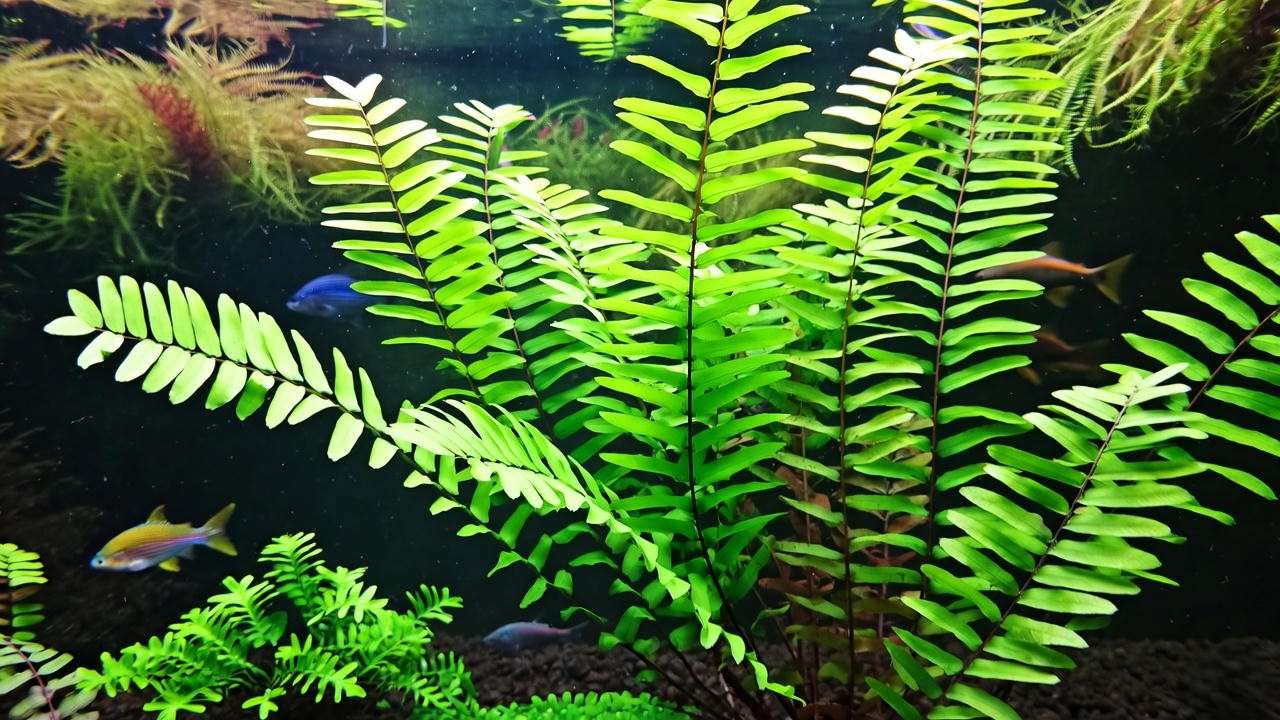 Lush aquarium with wisteria plants and Java fern, colorful fish swimming in clear water."