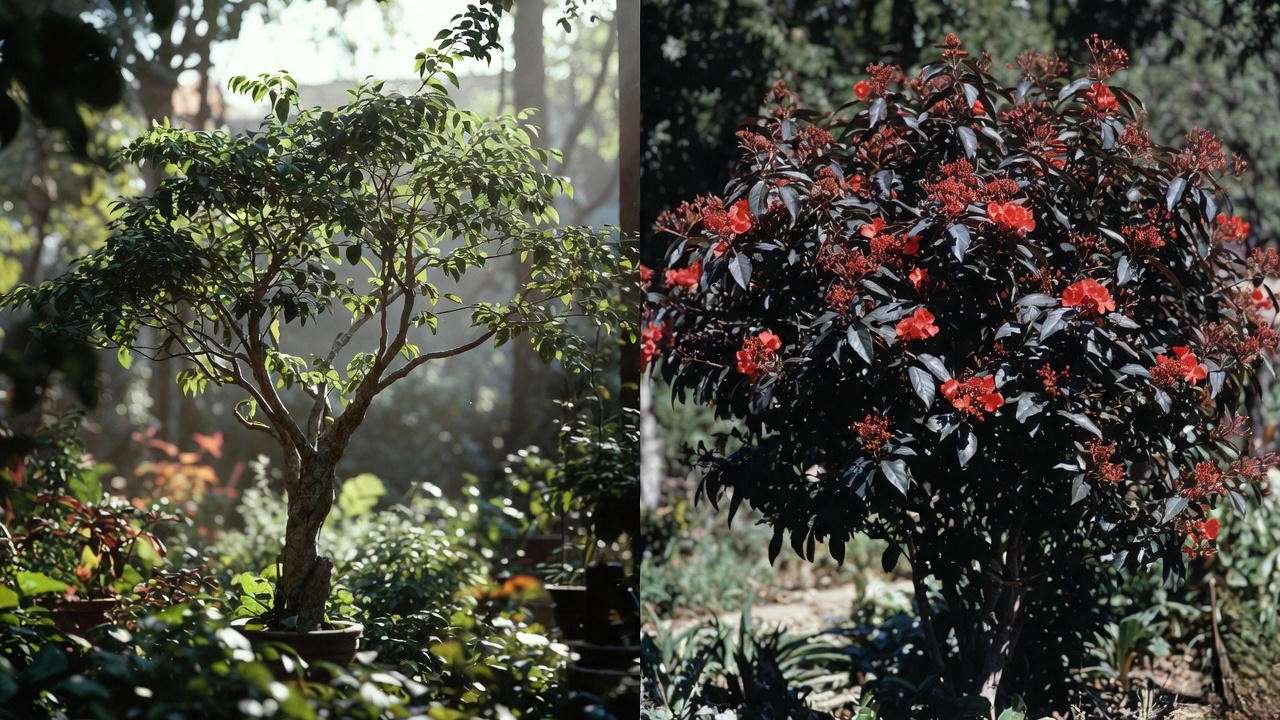 Before and after relocating Black Diamond crepe myrtle tree from shade to full sun for black foliage