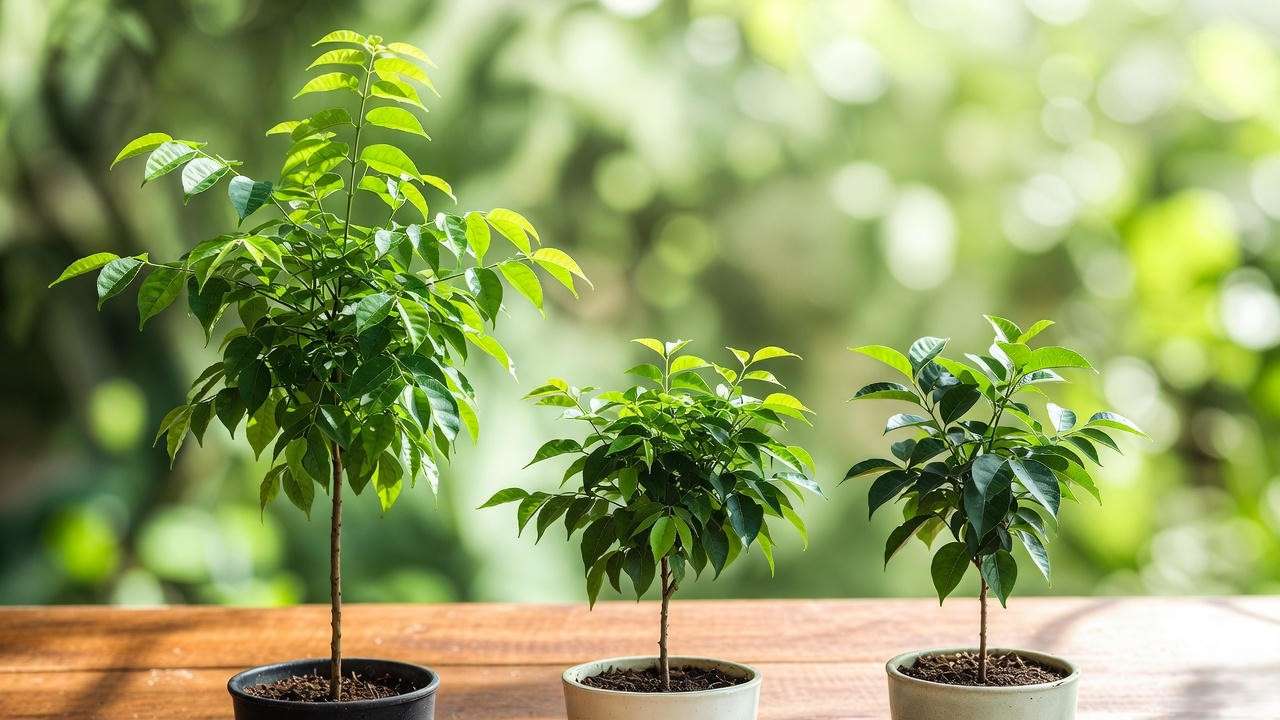 Different curry tree varieties compared side by side – regular, dwarf and Gamthi