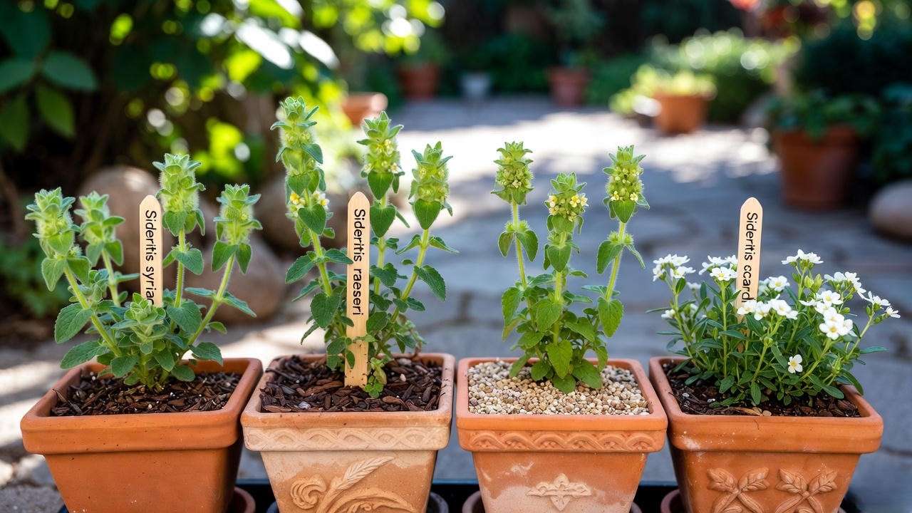 Comparison of popular ironwort varieties (Sideritis syriaca, raeseri, scardica) growing in pots