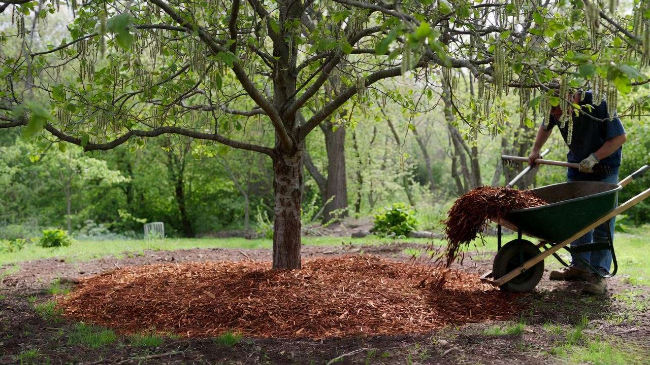 Gardener mulching around oak tree base for healthy spring tree care."