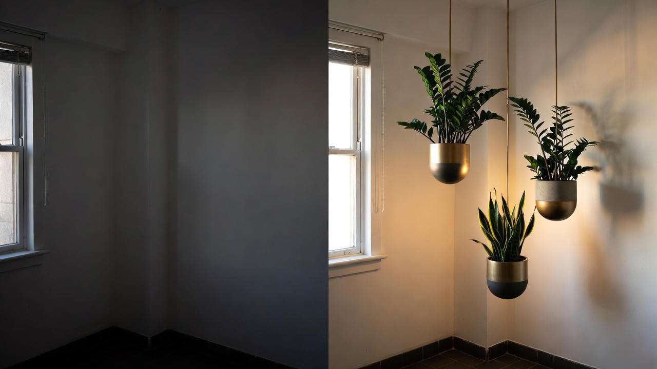Low-light corner transformed with Umbra Trigg concrete hanging planters and ZZ plants