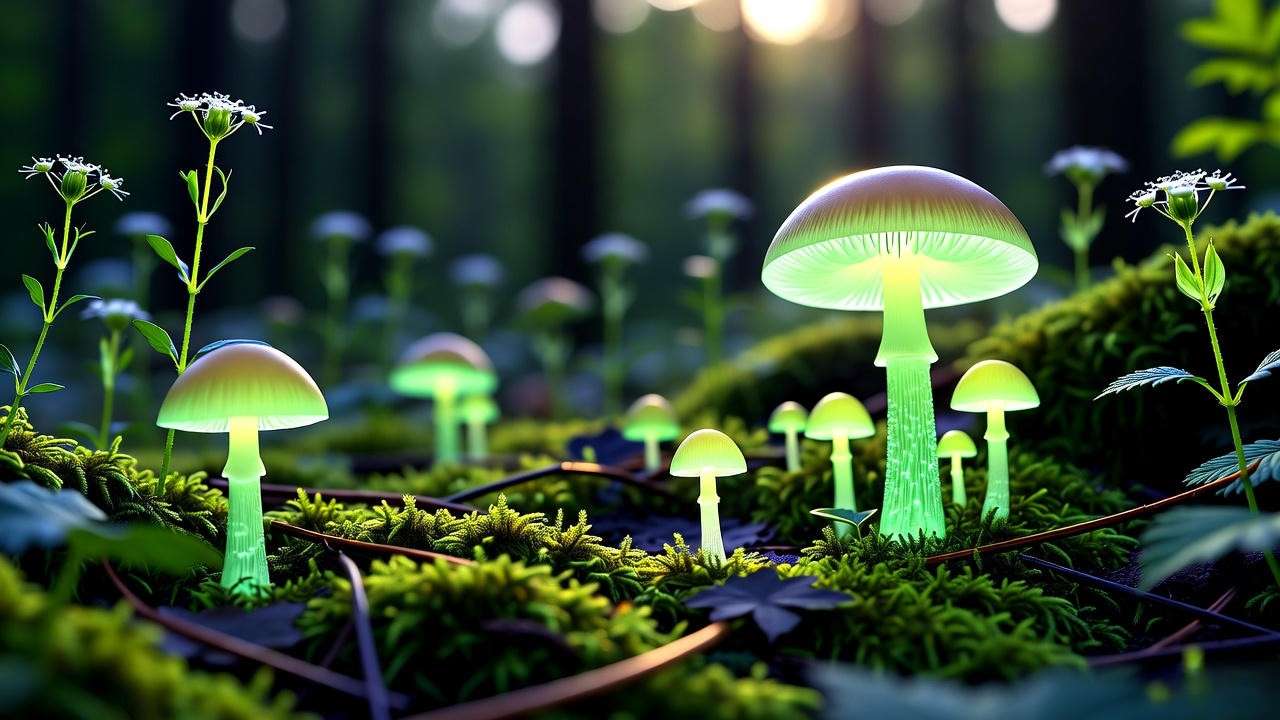 Bioluminescent mushrooms glowing on a forest floor at night.