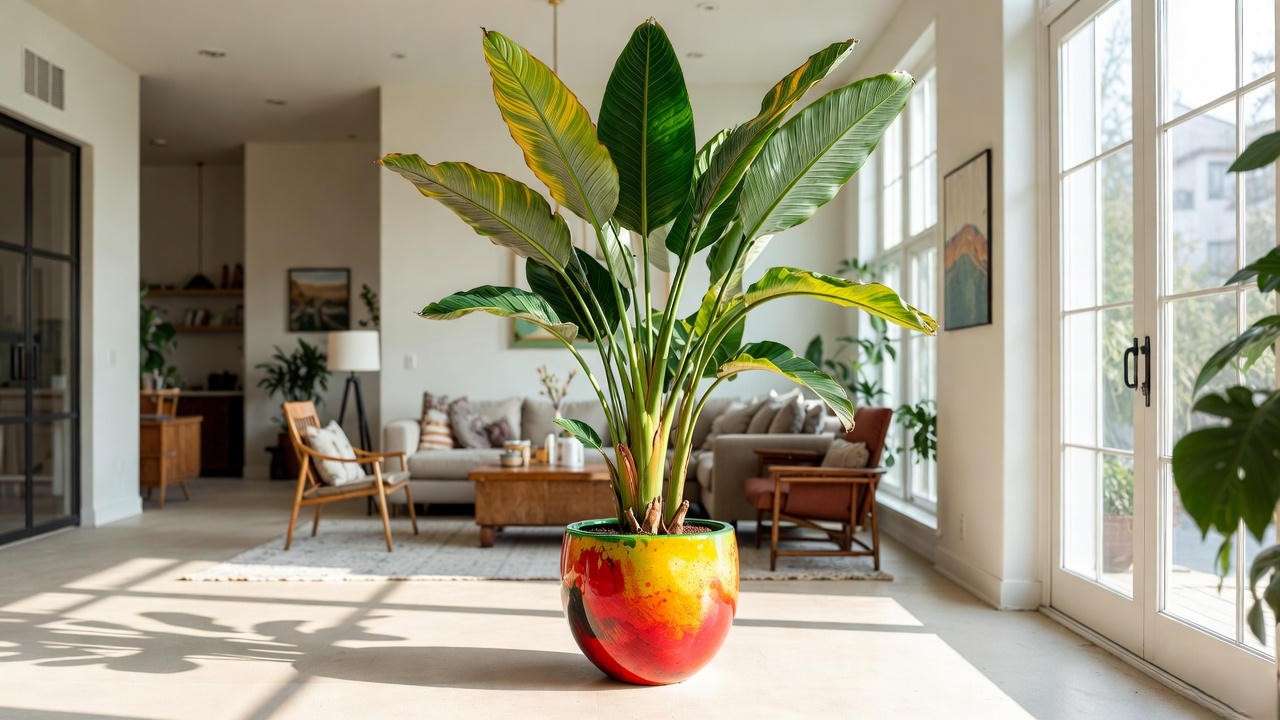 Bird of Paradise with banana leaves in a sunny modern space