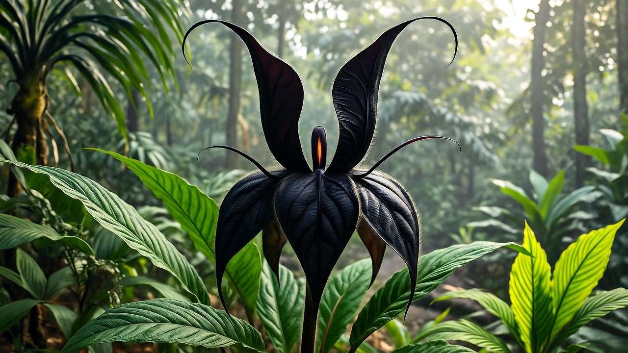 Black Bat Flower blooming in a shaded tropical garden.