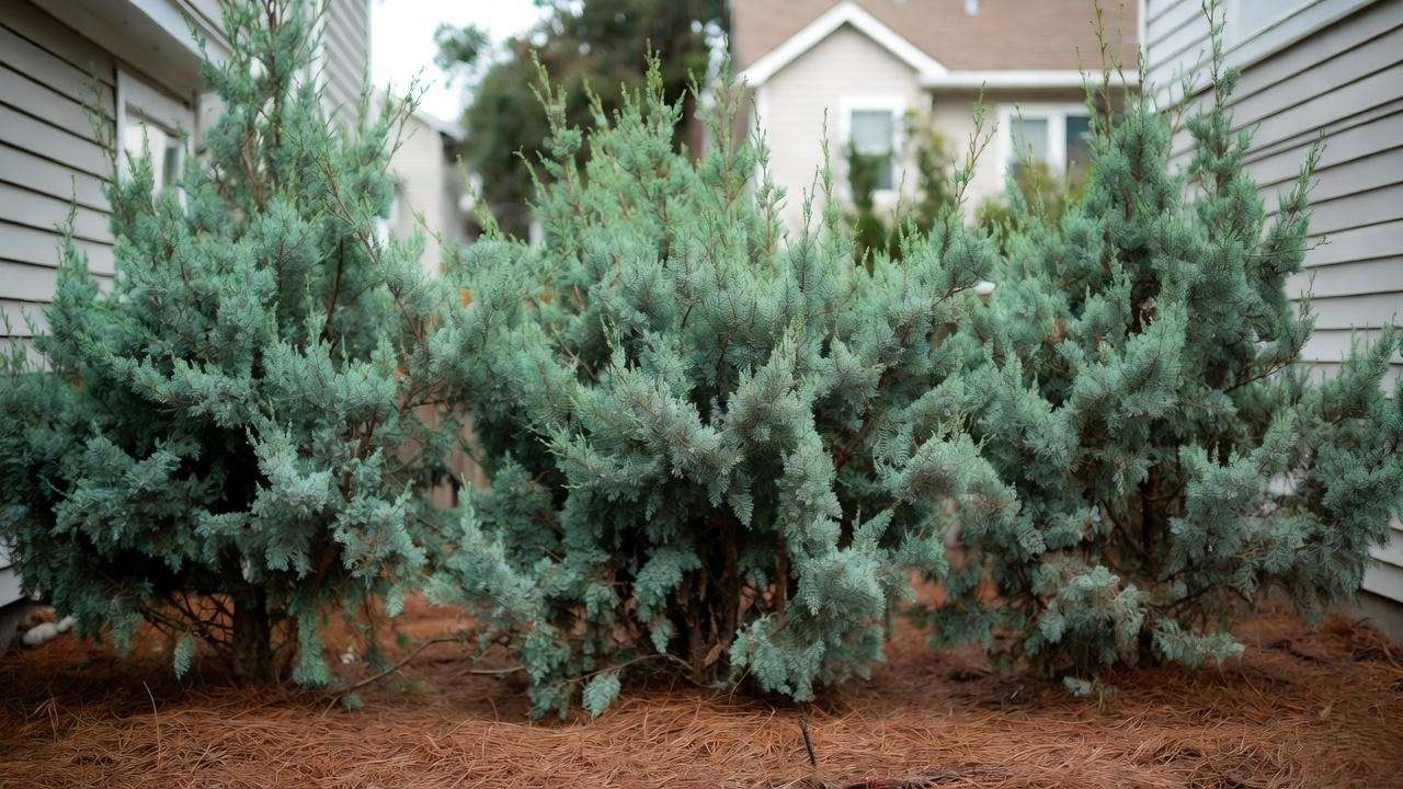 Blue Point’ juniper trees with scale-like small leaves creating a tidy privacy screen in narrow yard