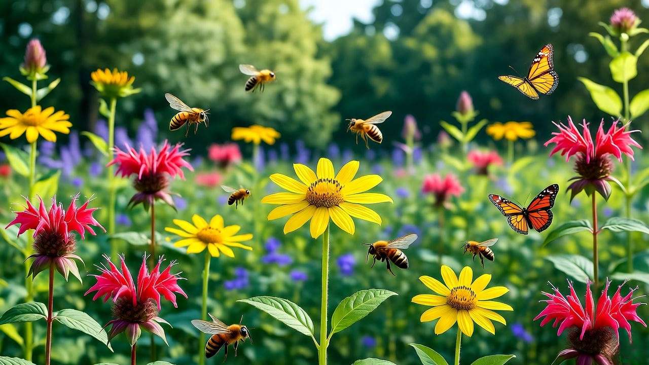 Pollinator garden with sochan plants, bees, and butterflies."