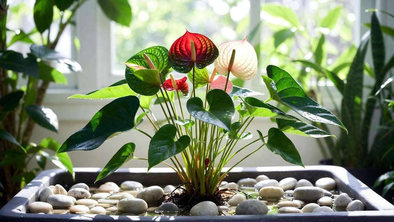 Painters Palette plant on a pebble tray to boost indoor humidity."