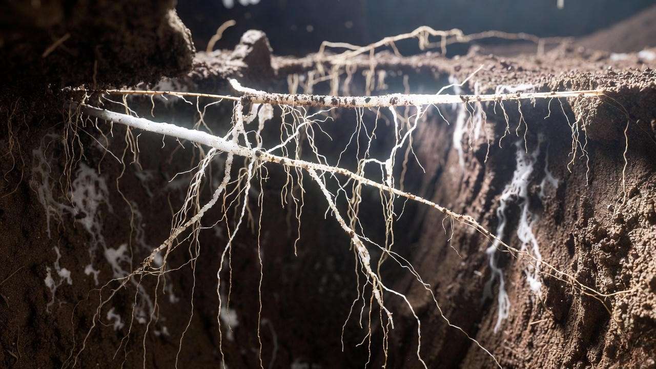 Mycorrhizal fungi helping tree roots absorb water during summer drought