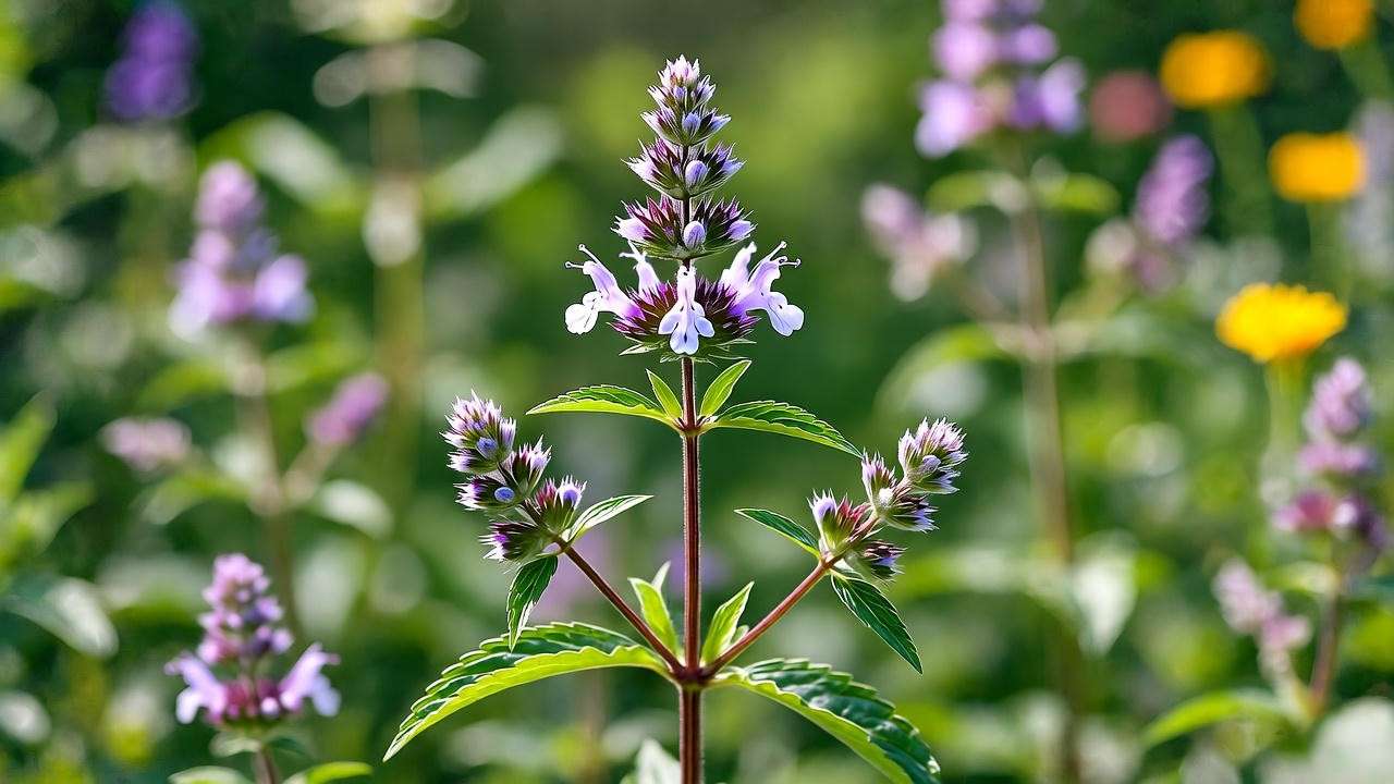 Close-up of slender mountain mint plant with white flowers and green leaves in a garde