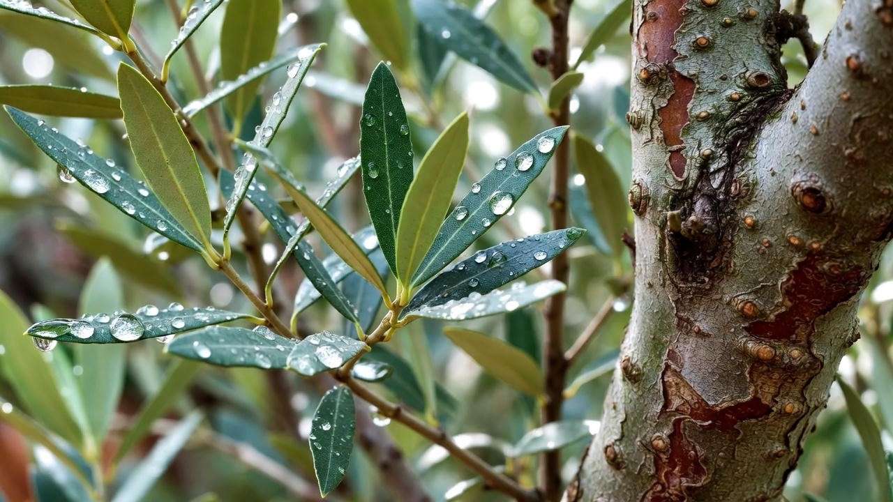 Close-up of glossy Shady Lady tree leaves and corkscrew trunk bark in natural sunlight