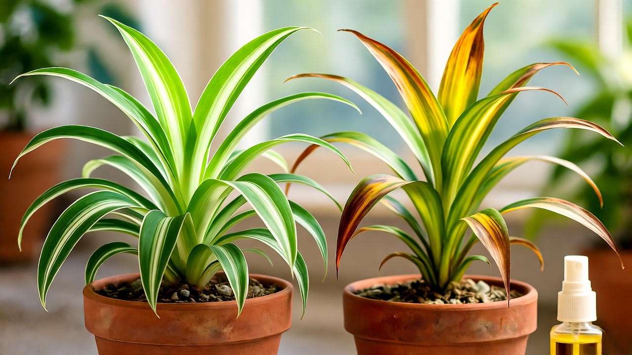 Hawaiian Spider Plant with brown tips vs. healthy plant with neem oil.