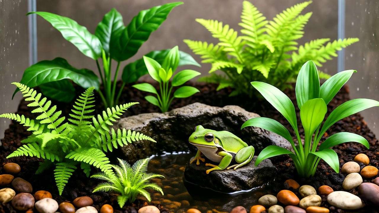Completed vivarium with ferns, anubias, and a frog around a water feature."