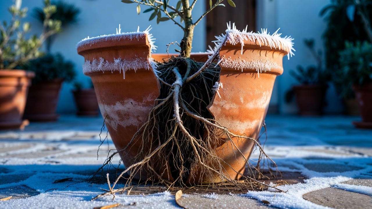 Cracked frost-damaged big terracotta plant pot showing thin walls that failed in winter