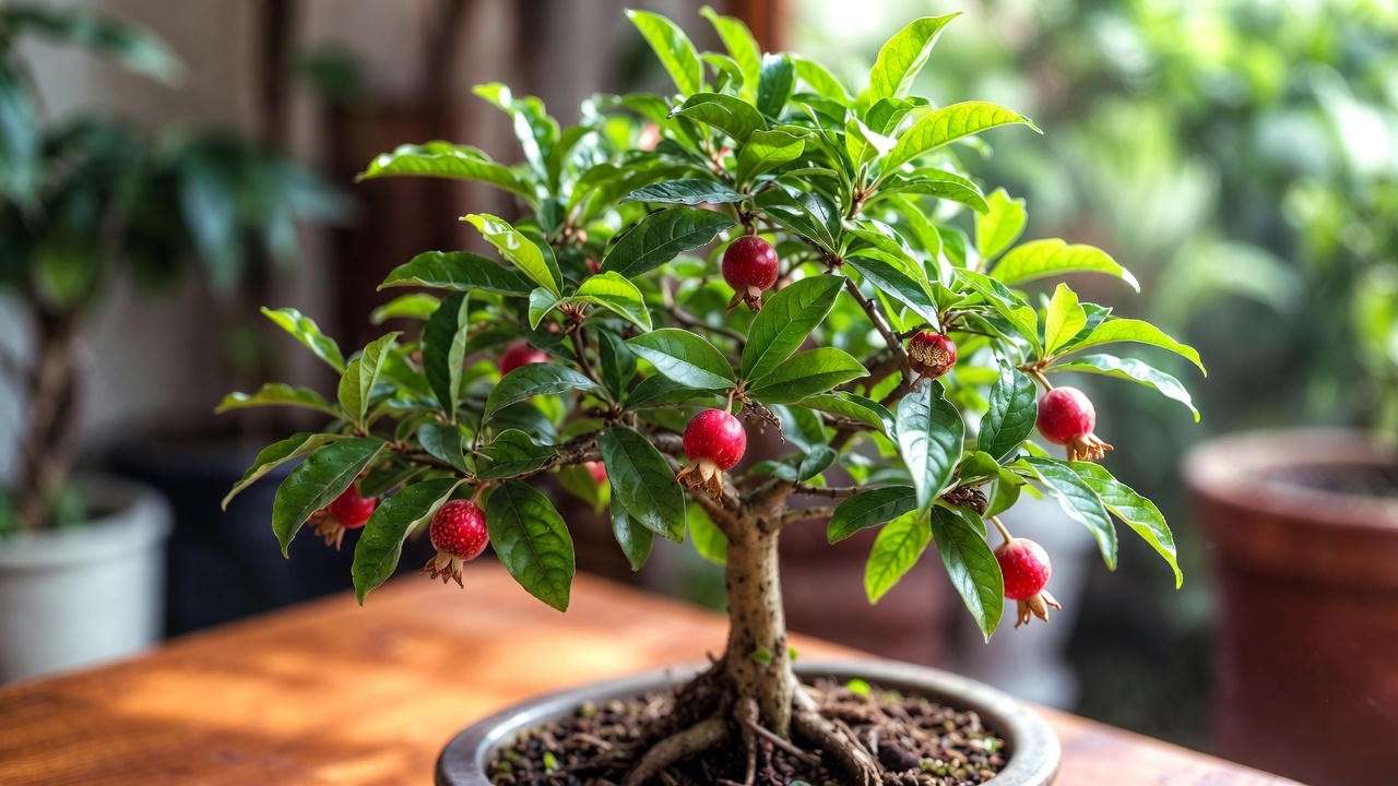 Healthy pomegranate bonsai tree with green leaves and red fruits in a ceramic pot on a wooden table"