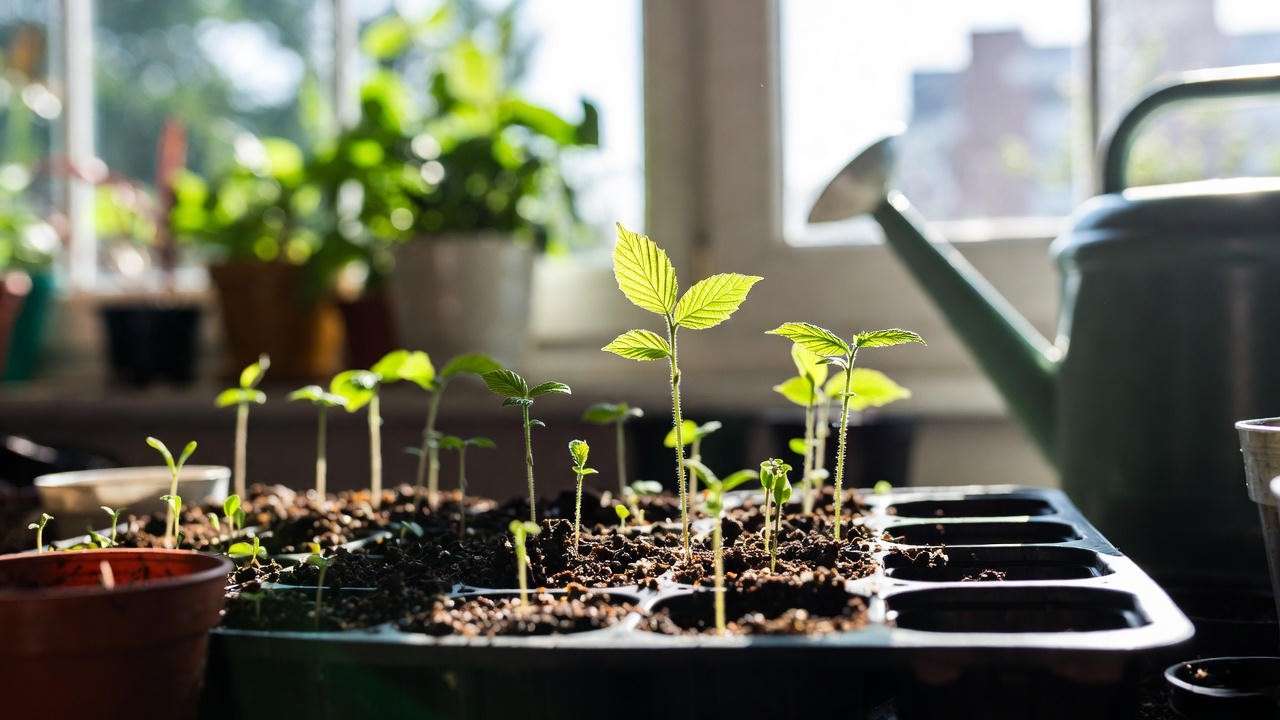 "Young elm seedlings growing in trays near a sunny window."