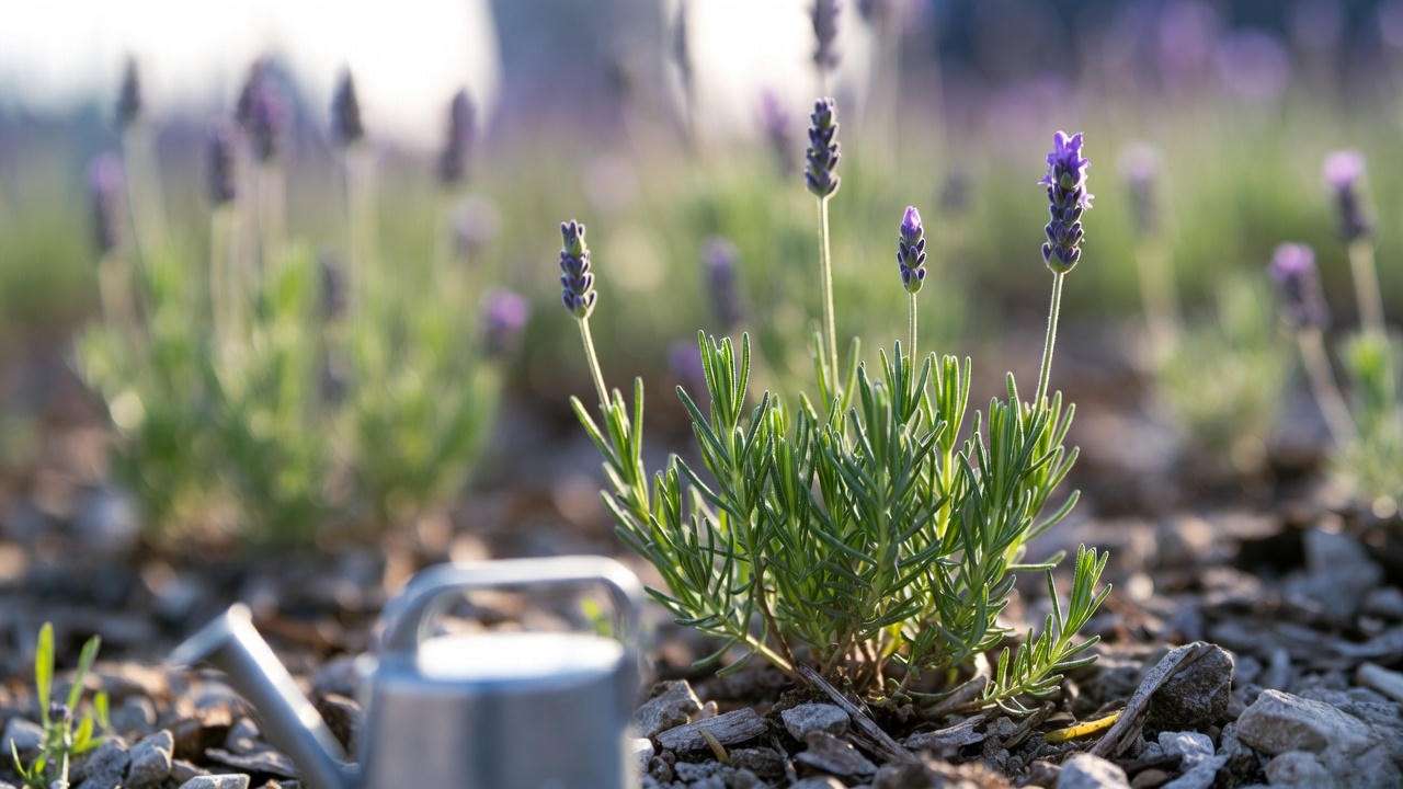 Lavender seedlings with gravel mulch and watering can in a garden