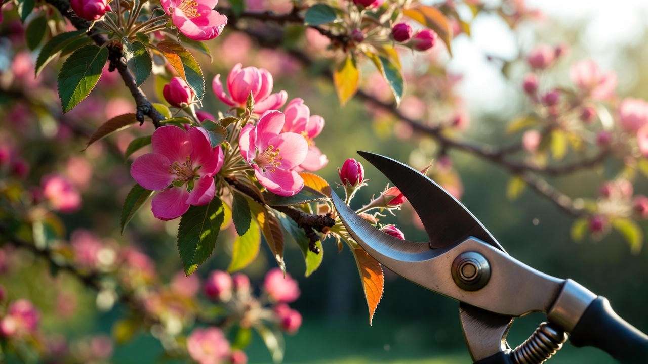Pruning a pink flower tree branch with vibrant blooms".